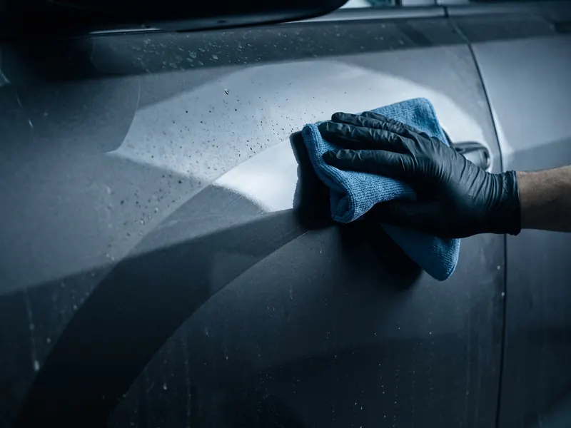 Microfibre cloth drawing a clean line across a dusty car door panel during an auto detail