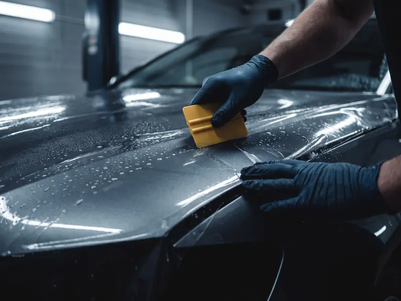 Clear paint protection film being smoothed over a car bonnet with slip solution and a squeegee